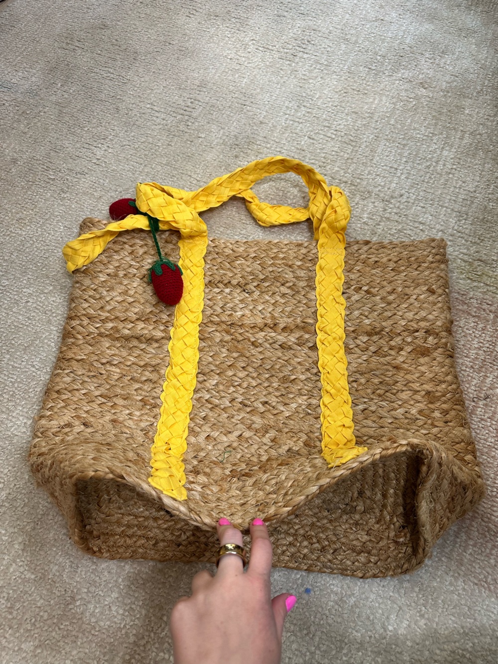 Walmart Straw Tote with Yellow Braided Handles and Strawberry Charm
